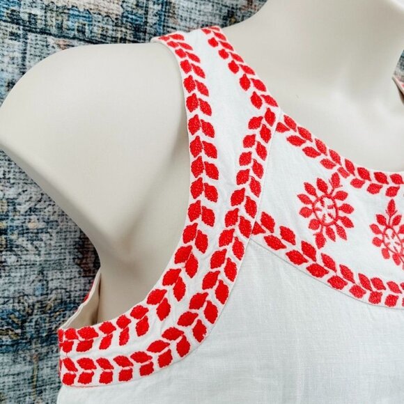 J McLaughlin Shift Dress Size M White Embroidered 100% Linen Pockets Knee Length - Picture 6 of 12